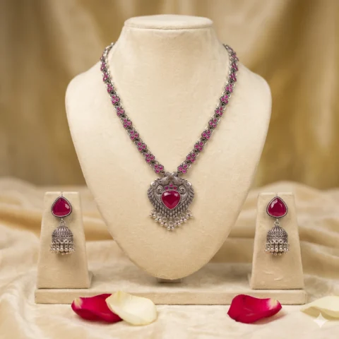 Midnight Grace Oxidised Necklace Set Pink Stone Accent